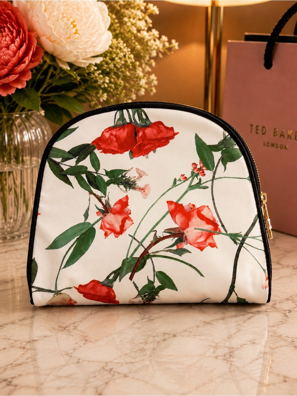 Ted Baker London Floral Cosmetic Bag in White, Green, Red - Picture 3 of 5